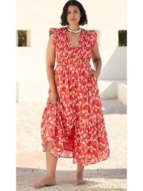 Anthropologie Peregrine Midi Dress Red Floral Motif Size XS Smocked Daisies